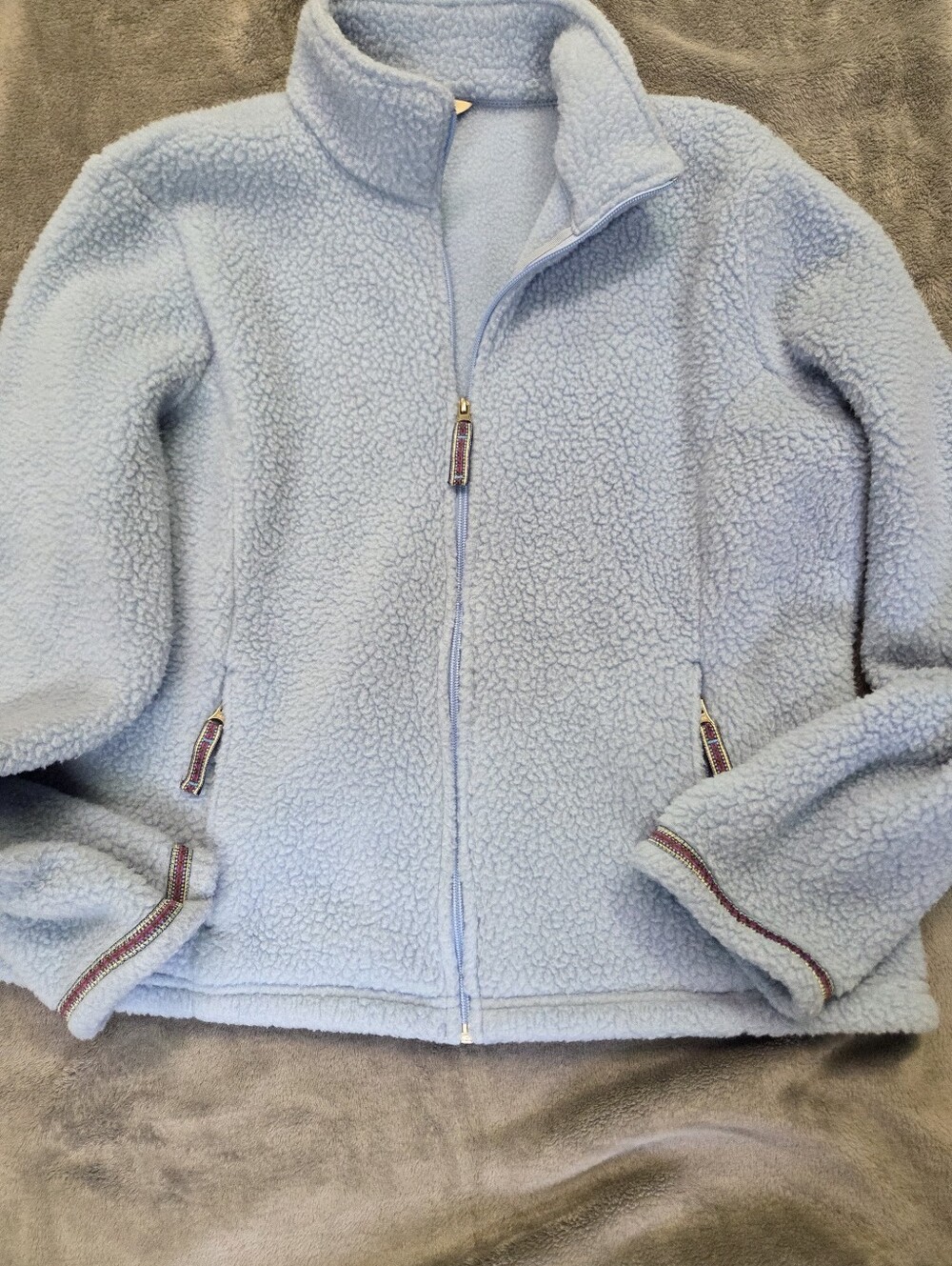 L.L. Bean Polartec Light Blue Sherpa Teddy Fleece Full Zip Jacket Trim XL